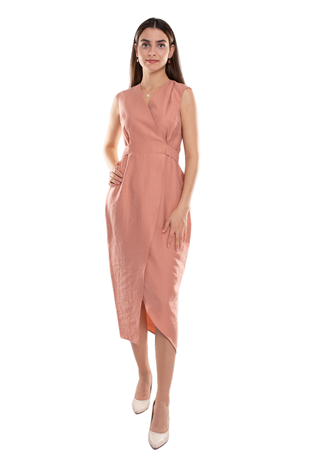 61764 Kruvaze Yaka Kuşaklı Midiboy Tencel Elbise