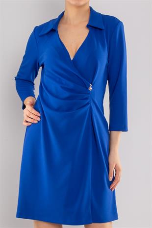 61895 Beli Lastik Yandan Drape Truvakar Kol Yakalı Krep Elbise