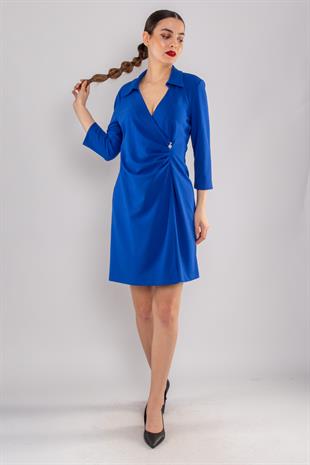 61895 Beli Lastik Yandan Drape Truvakar Kol Yakalı Krep Elbise