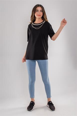 6633 Yakası Kendinden Taş Boncuk Kolyeli Bisiklet Yaka Pamuk Tshirt