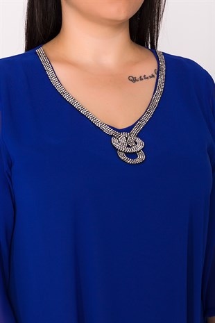 7011 BB Yakası Taş Kolyeli Şifon Bluz