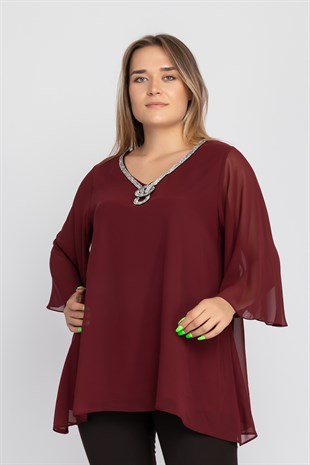 7011 BB Yakası Taş Kolyeli Şifon Bluz