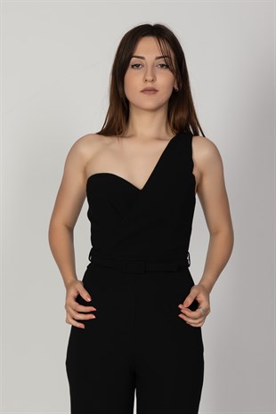 70302 Tek Omuz Beli Kemerli Önü Kruvaze Krep Abiye Tulum