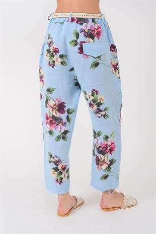 7232 Çiçek Desen Kemerli Keten Pantolon