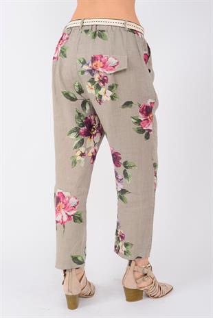 7232 Çiçek Desen Kemerli Keten Pantolon