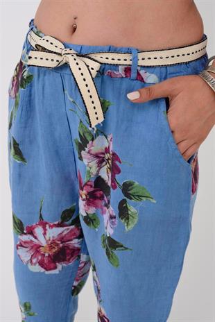 7232 Çiçek Desen Kemerli Keten Pantolon