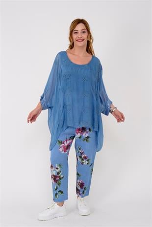 7232 Çiçek Desen Kemerli Keten Pantolon