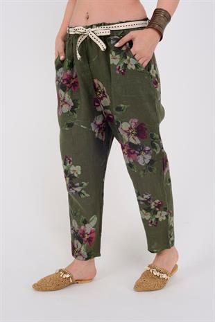 7232 Çiçek Desen Kemerli Keten Pantolon