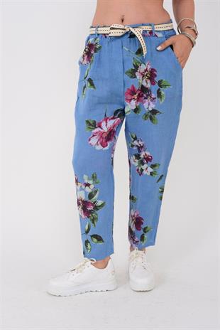 7232 Çiçek Desen Kemerli Keten Pantolon