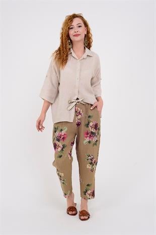 7232 Şakayık Desen Kemerli Keten Pantolon