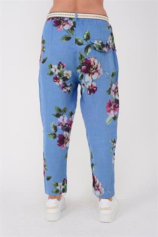 7232 Şakayık Desen Kemerli Keten Pantolon
