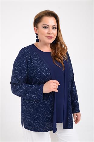 728 Büyük Beden Simli Ceket Bluz İkili Takım