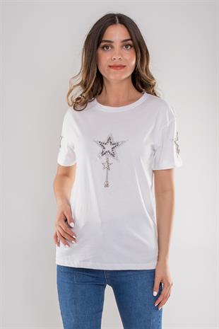 7563 Taşlı Yıldız İşlemeli Pamuk Kısa Kol Kadın Tshirt
