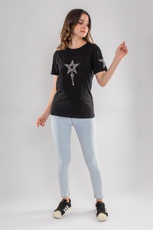 7563 Taşlı Yıldız İşlemeli Pamuk Kısa Kol Kadın Tshirt