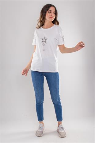 7563 Taşlı Yıldız İşlemeli Pamuk Kısa Kol Kadın Tshirt