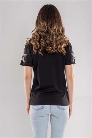 7563 Taşlı Yıldız İşlemeli Pamuk Kısa Kol Kadın Tshirt
