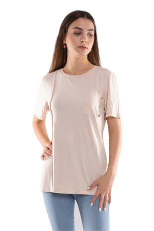 75733 Kendinden Parçalı Cep Detaylı Kadın Tshirt08