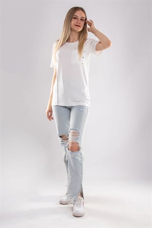 75733 Kendinden Parçalı Cep Detaylı Kadın Tshirt08