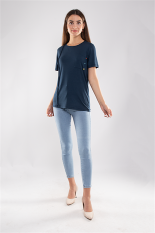 75733 Kendinden Parçalı Cep Detaylı Kadın Tshirt08