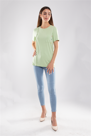 75733 Kendinden Parçalı Cep Detaylı Kadın Tshirt08
