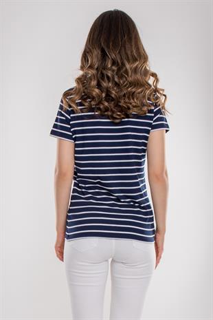 75845 Vyaka Çizgili Basic Pamuklu Kadın Tshirt
