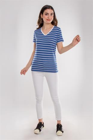 75845 Vyaka Çizgili Basic Pamuklu Kadın Tshirt