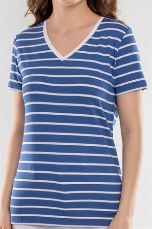 75845 Vyaka Çizgili Basic Pamuklu Kadın Tshirt