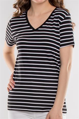 75845 Vyaka Çizgili Basic Pamuklu Kadın Tshirt