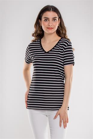 75845 Vyaka Çizgili Basic Pamuklu Kadın Tshirt