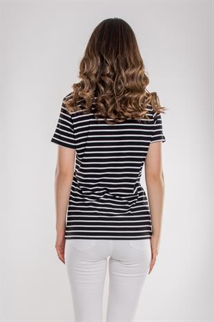 75845 Vyaka Çizgili Basic Pamuklu Kadın Tshirt