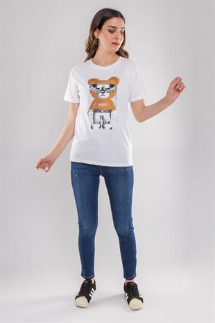 7589 Taşlı Gözlüklü Aylı Kısa Kol Pamuk Kadın Tshirt