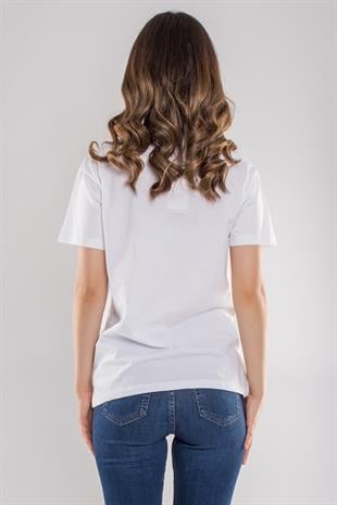 7589 Taşlı Gözlüklü Aylı Kısa Kol Pamuk Kadın Tshirt