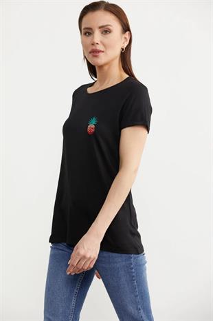 75956 Sıfır Yaka Ananaslı Basic Penye Kısa Kol Tshirt