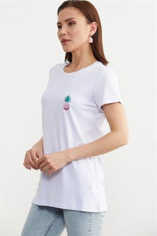 75956 Sıfır Yaka Ananaslı Basic Penye Kısa Kol Tshirt