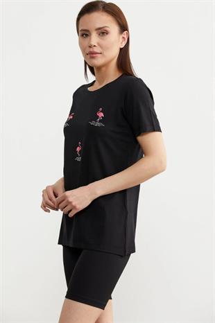 75959 Taş Detay Dökümlü Flamingo Baskı Kısa Kol Penye Tshirt