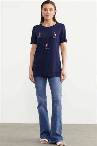 75959 Taş Detay Dökümlü Flamingo Baskı Kısa Kol Penye Tshirt