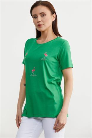 75959 Taş Detay Dökümlü Flamingo Baskı Kısa Kol Penye Tshirt