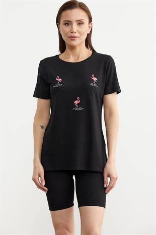 75959 Taş Detay Dökümlü Flamingo Baskı Kısa Kol Penye Tshirt