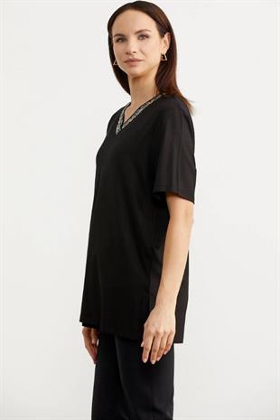 75978 VYakaa Nakışlı Detay Dökümlü Kısa Kol Tshirt