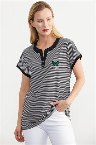 75984 Çizgili Nakış Detaylı Tshirt