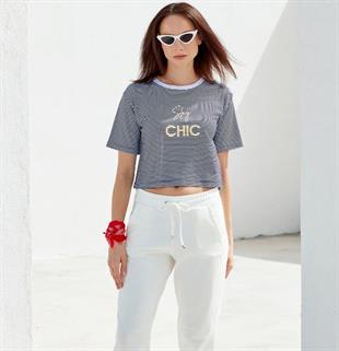 75999 Parlak Baskılı Çizgili Crop Tshirt