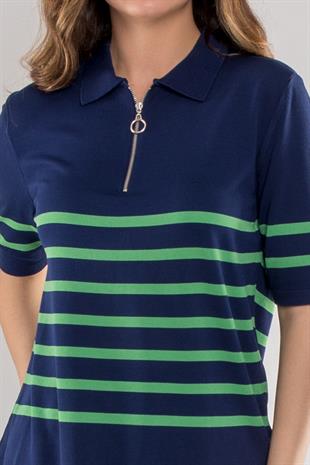 801 Polo Yaka Fermuarlı Önü Çizgili Kısa Kol Merserize Triko