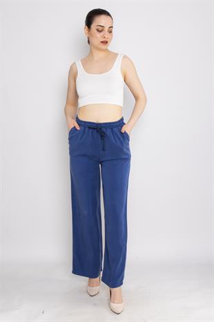 80330 Beli Lastikli Bol Paça Tencel Pantolon
