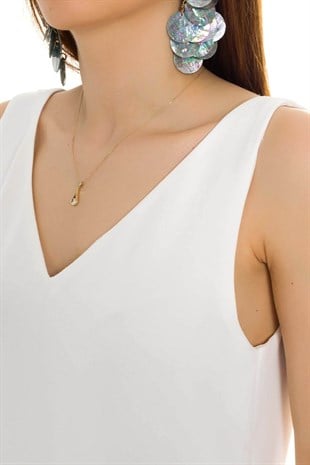 81235 V Yaka Askılı Astarlı Krep Bluz