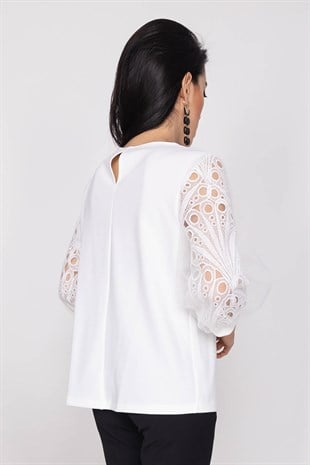 81446 BalonTül Kol  Krep Bluz