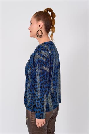 817171 Sim Detay Leopar Desen Vyaka Triko Bluz