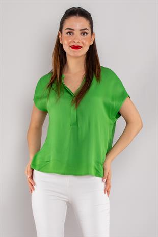 81813 Yakasız Gizli Düğmeli Rayon Kumaş Kadın Bluz
