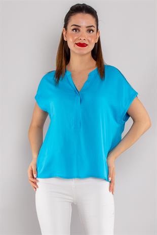81813 Yakasız Gizli Düğmeli Rayon Kumaş Kadın Bluz