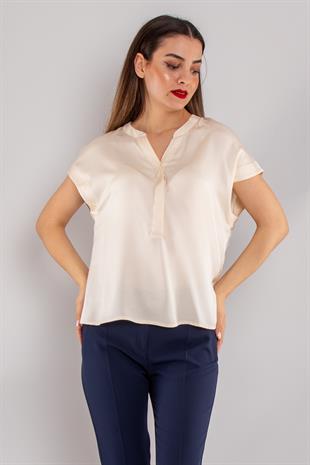 81813 Yakasız Gizli Düğmeli Rayon Kumaş Kadın Bluz