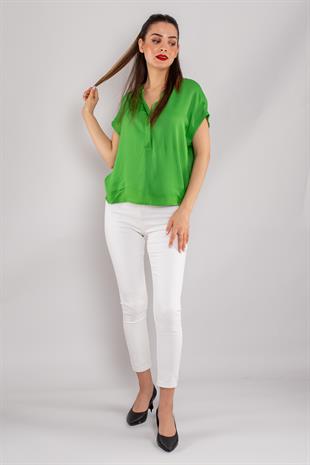 81813 Yakasız Gizli Düğmeli Rayon Kumaş Kadın Bluz